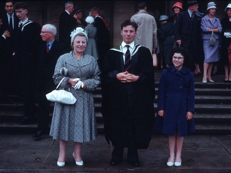 Graduation, Queen's University; Leonard between his Mum and younger sister Hazel, June 1960